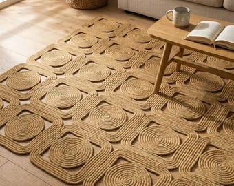 Handwoven Natural Jute Rug, Geometric Braided Boho Farmhouse Decor