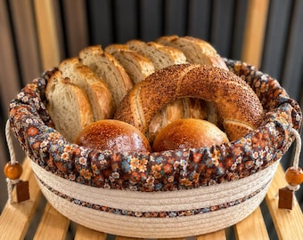 Handwoven Cotton Jute Bread Basket with Fabric Liner, Rustic Kitchen Serving Bowl