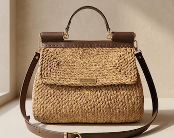 Handwoven Jute Leather Crossbody Bag | Boho Summer Top Handle Handbag