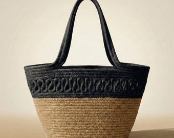 Boho Jute Tote Bag, Two-Tone Woven Straw Market Purse, Eco-Friendly Shopper