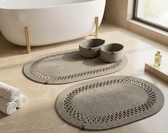 Handcrafted 4-Piece Grey Braided Cotton Bathroom Set — Oval Rugs and Storage Baskets