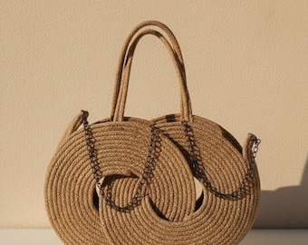 Handmade Jute Tote Bag, Leather Handles, Boho Beach Summer Shoulder Bag