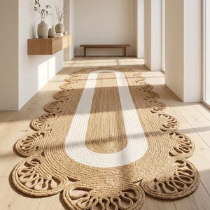 Puede incluir: Una alfombra de pasillo de fibra natural con borde festoneado. La alfombra presenta una franja blanca central bordeada por un material tejido de color marrón claro. Está colocada sobre un suelo de madera clara.