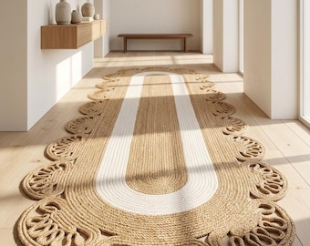Handmade Oval Jute Runner Rug – Scalloped Loop Border, Natural Fiber, Pet Friendly