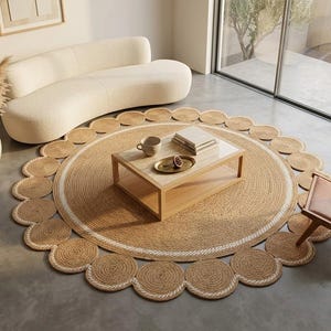 Tappeto rotondo in juta, tappeto boho con bordo smerlato, tappetino intrecciato in fibra naturale. immagine 2