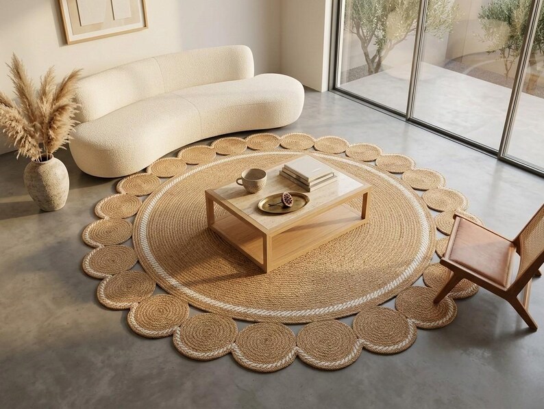 Tappeto rotondo in juta, tappeto boho con bordo smerlato, tappetino intrecciato in fibra naturale. immagine 2
