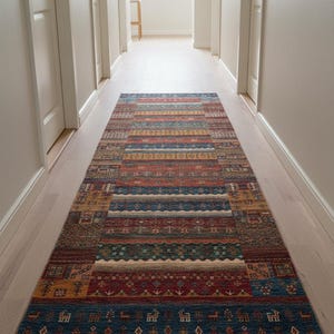 May include: A colourful rectangular rug with a geometric pattern, featuring stripes and repeating motifs in shades of blue, red, yellow, and green. The rug is placed on a light wooden floor in a hallway, adding a decorative touch.