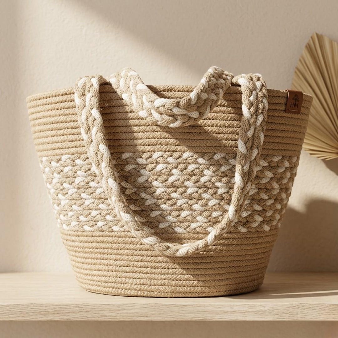 Handmade Jute Rope Tote Bag, Boho Two-tone Coiled Basket, Braided