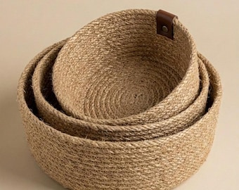 Set of 3 Coiled Jute Rope Baskets, Boho Nesting Storage, Bathroom Organizer Bin