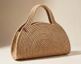 Bolso de cuerda de yute hecho a mano, bolso bohemio con espirales de arcoíris, bolso de crochet ecológico