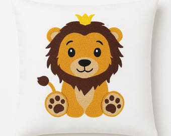 Punch Needle Pillow Cover – Baby Lion, Kids Nursery Throw Pillow, Animal Embroidered Cushion, Jungle Decor, Baby Gift Idea, Kids&#39; Room Decor