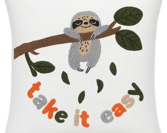 Decorative Punch Embroidered Sloth Throw Pillow Cover – &quot;take it easy&quot; Design – Kids&#39; Room Decoration, Birthday Gift (43 x 43 cm | 17x17 inches)