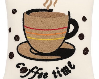 Decorative Punch Embroidered &quot;coffee time&quot; Pillow Cover for Coffee Shops, Living Room, Home Gift, Birthday Gift (43 x 43 cm | 17x17 inches)