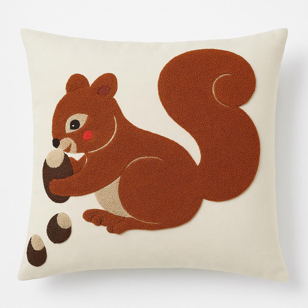 Cute Squirrel Embroidered Throw Pillow Cover – 17 x 17" (43 x 43 cm) – Punch Needle Design – Cozy Forest Decor for Kids’ Room & Nursery