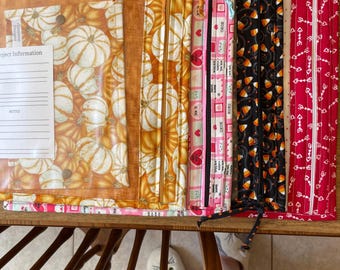 Può includere: Una collezione di pochette con cerniera in tessuto con vari motivi, tra cui zucche, cuori e caramelle di mais. Le pochette sono nelle tonalità di arancione, rosa, nero e rosso. Una pochette ha una tasca trasparente con un inserto di carta con "Project Information" e "NOTES".