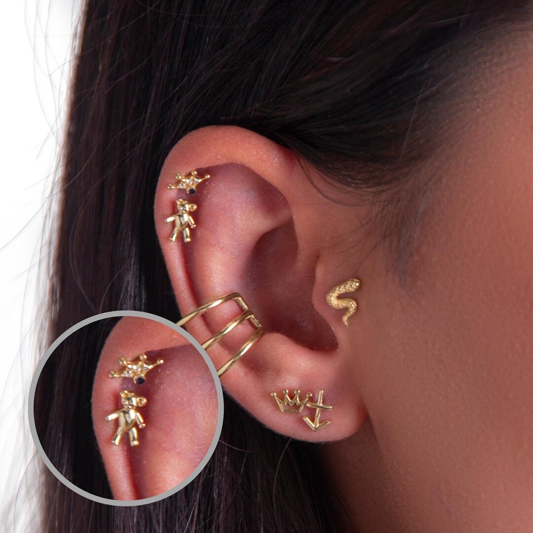 14K Solid Gold Teddy Bear Piercing, Solid Gold Piercing, Earring ...