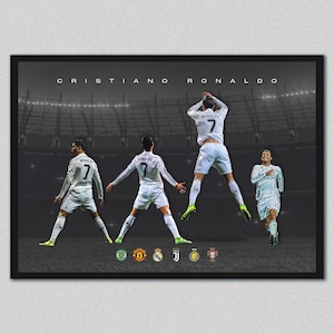 May include: A black and white photograph of Cristiano Ronaldo wearing a white football shirt with the text "Cristiano Ronaldo" at the top of the image. The image shows Ronaldo in four different poses, with the text "Ronaldo" on the back of his shirt.