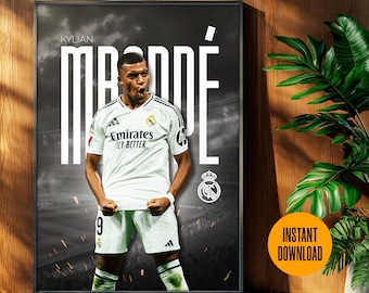 Kylian Mbappé Real Madrid Poster Printable | La Liga Soccer Wall Art | Mbappe 9 Football Print | A3 JPG Instant Download