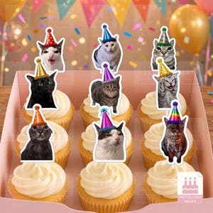 以下が含まれることがあります： ピンクの箱に入った9個のカップケーキセット。それぞれにカラフルなパーティーハットをかぶった猫の紙製切り抜きが飾られています。猫は様々な表情や毛並みをしており、カップケーキは黄色い生地に白いアイシングが施されています。