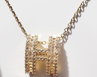 Gold Initial H Necklace, Dainty Letter Pendant, Pavé Crystal Alphabet Necklace, Personalized Minimalist Jewelry Gift for Women.