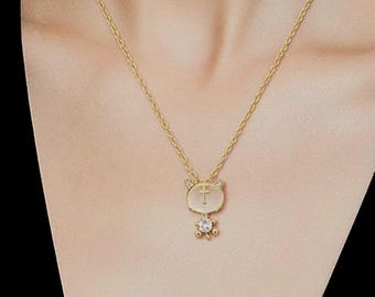 Gold Plated Opal Cat Pendant Necklace, Dainty Animal Jewelry