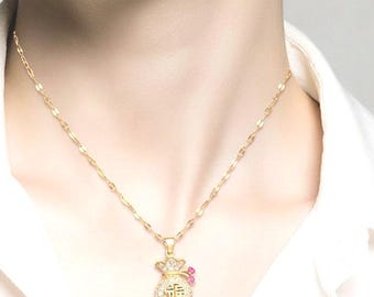 Gold Money Bag Necklace, Lucky Wealth Charm Pendant, Crystal Coin Purse Necklace, Fortune Symbol Jewelry Gift for Women.