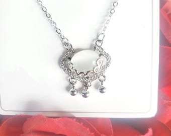 White Opal Pendant Necklace, Woman vintage Silver Necklace, Elegant Statement Jewelry, Romantic Gift for Her, Bridal chain.