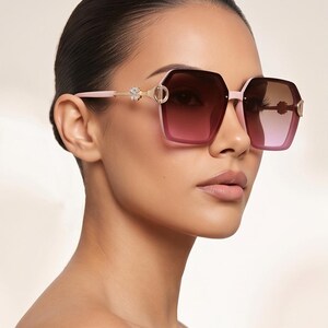 May include: Pink and gold-toned sunglasses with a geometric frame and gradient lenses. The sunglasses feature decorative accents on the temples. The lenses transition from a dark to a lighter shade of pink