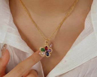 Gold Flower Necklace, Multicolor Crystal Bouquet Pendant, Joyful Jewelry