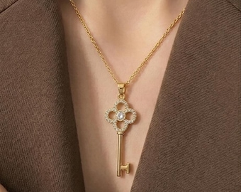 Gold Key Necklace, Vintage Style Pendant, Minimalist Everyday Jewelry