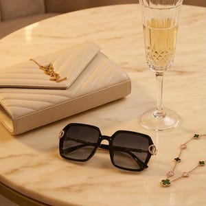 May include: A cream-colored quilted clutch with a gold logo, black sunglasses, a champagne flute, and a gold necklace with clover and flower pendants are arranged on a marble table. The sunglasses have a square frame