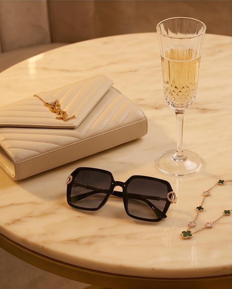May include: A cream-colored quilted clutch with a gold logo, black sunglasses, a champagne flute, and a gold necklace with clover and flower pendants are arranged on a marble table. The sunglasses have a square frame