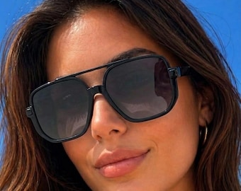 Oversized Square Sunglasses Women, Designer Style Black Eyewear, UV400 Minimalist Shades