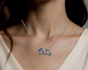 Travel Charm Necklace, Enamel Suitcase, Airplane, Silver Adventure Jewelry
