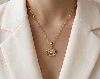 Gold Crown Necklace, Minimalist Royal Pendant, Cubic Zirconia Elegance