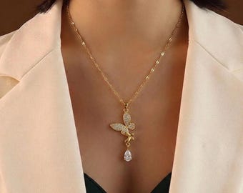 Butterfly Necklace Gold, Feminine Drop Pendant, Elegant Jewelry Gift for Her