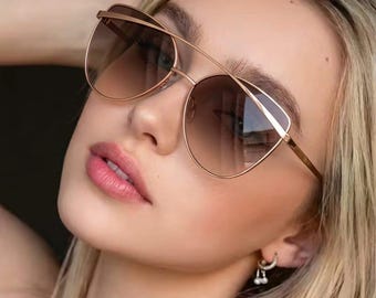 Geometric Cat Eye Sunglasses, Rose Gold Metal Frame, Boho Summer Accessory