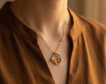 Gold Abstract Necklace with Stone, Modern Minimalist Pendant, Elegant Jewelry for Women