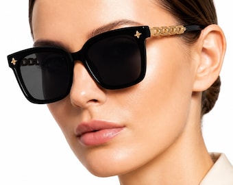 Luxury Square Sunglasses Women, Gold Chain Detail Eyewear, Elegant Fashion Sunglasses