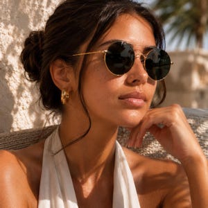 May include: Round sunglasses with thin gold metal frames and dark tinted lenses, paired with polished gold hoop earrings. The eyewear features a double bridge design across the nose, while the earrings are thick, circular, and metallic in finish.