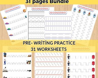 May include: A bundle of 31 preschool line tracing worksheets. The worksheets feature various line patterns and pre-writing practice exercises. The text on the image reads "Preschool Line Tracing 31 pages Bundle" and "PRE-WRITING PRACTICE 31 WORKSHEETS."