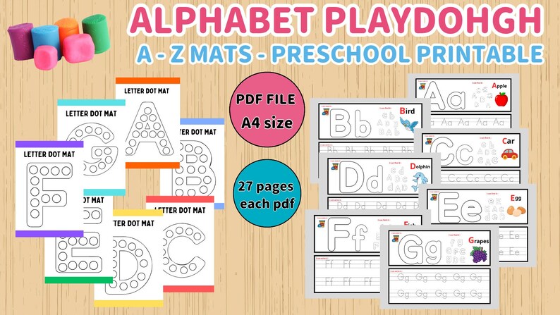 Preschool Alphabet Play Dough Mats- Letters Play Dough- Preschool, Pre-k Kindergarten- Alphabet Activity -Montessori -ABC Printable Play Doh- 27 Alphabet Play Dough Mat Prints-Fine Motor Skills Activities-Montessori Play Dough Activity Metarials-Homeschool Worksheets Resources
