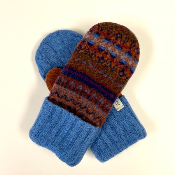 Felted Wool Sweater Mittens, Women's Mittens, Upcycled Sweaters, Gift under 50, blue, rust, orange