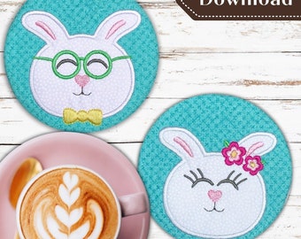 Easter Bunny Boy and Girl Coasters In the Hoop Design