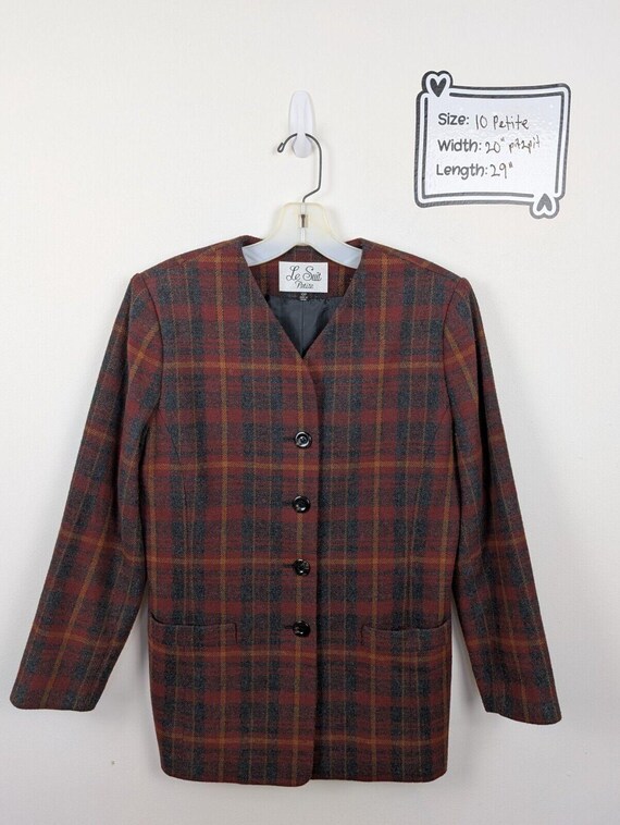 Le Suit Women's Blazer Jacket 10 Petite Red Tartan Plaid Wool