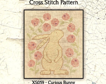 Bunny | Primitive | Cross Stitch Chart | Needlework | DIY | Crafts | Curious Bunny | XS059