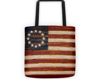 New Small Handmade Americana Flag Flowers Summer Country Denim Tote Bag