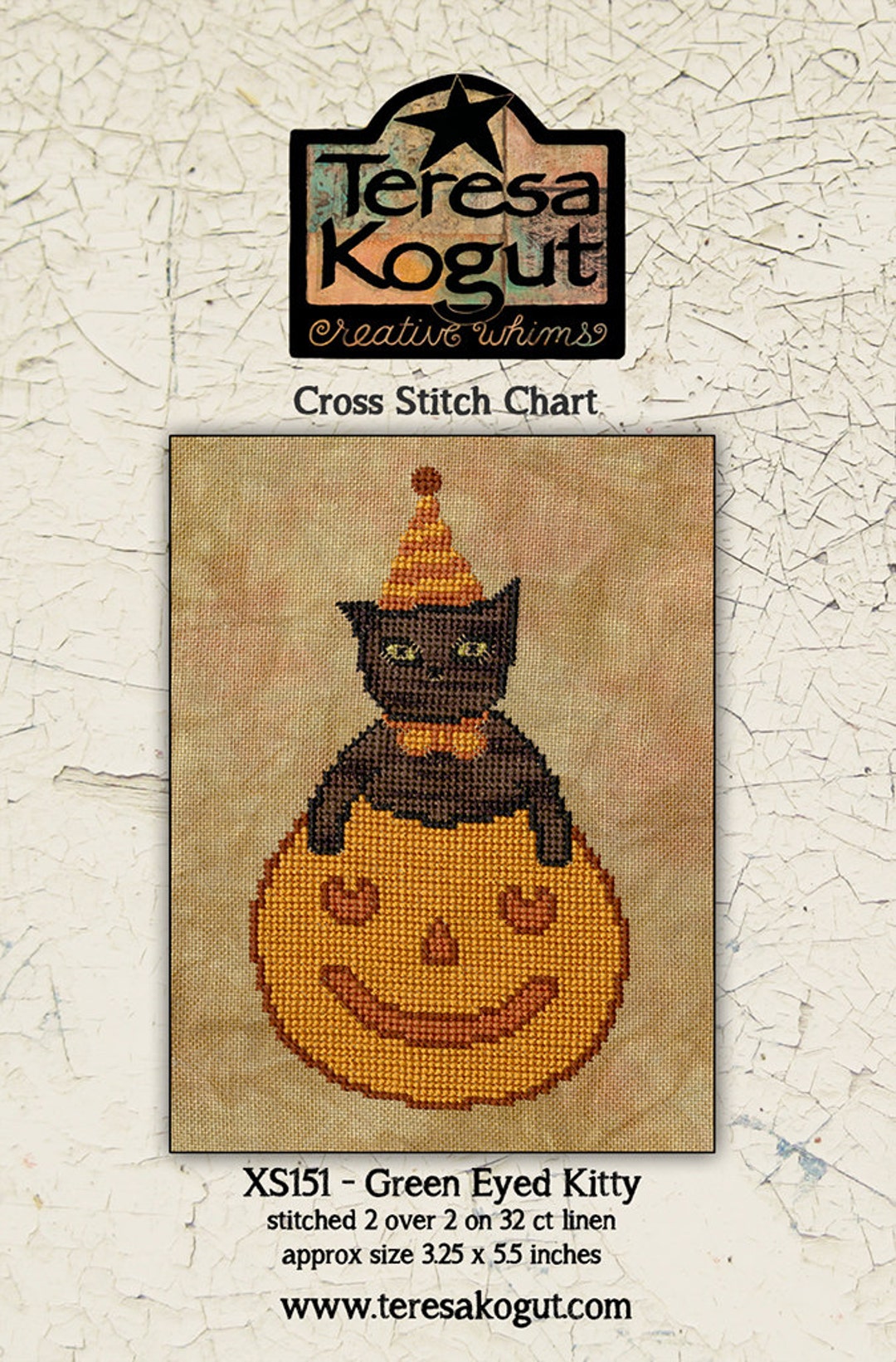 Halloween Primitive Cross Stitch Chart Needlework DIY Crafts Green Eyed