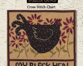 Chicken | Primitive | Cross Stitch Chart | Downloadable PDF | EPattern | Needlework | DIY | Crafts | My Black Hen | XS022