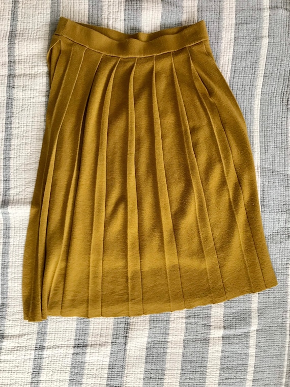 1990s Cacharel Yellow Ochre Pleated Wool Pencil Sk